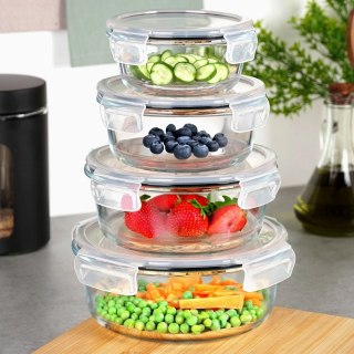 Pojemniki na żywność szklane z pokrywką i uszczelką okrągłe 4 szt.