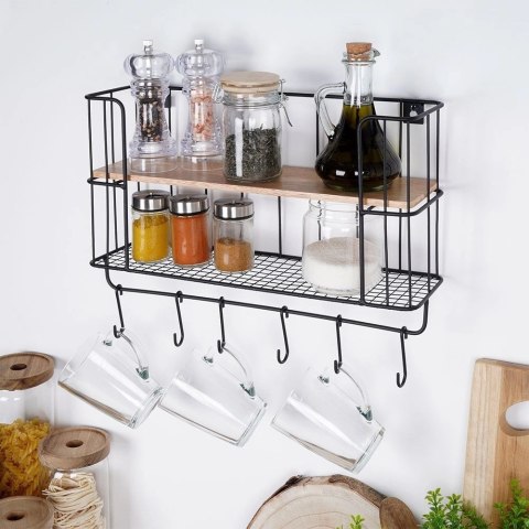 Półka Kuchenna z Wieszakami Metalowa Loft Czarna VILDE 41 x 12 x 25,5 cm