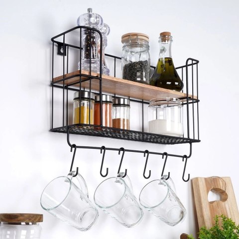 Półka Kuchenna z Wieszakami Metalowa Loft Czarna VILDE 41 x 12 x 25,5 cm