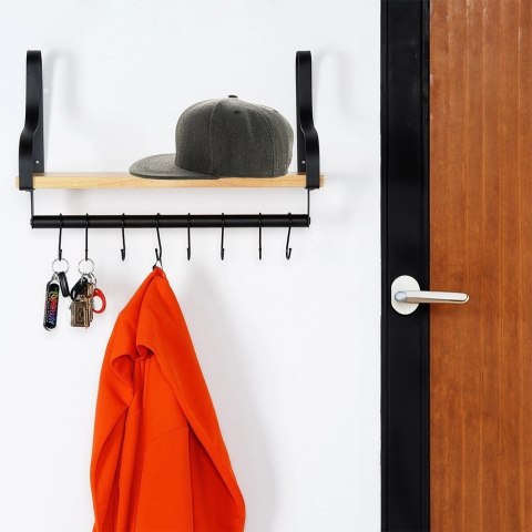 Półka Ścienna z Haczykami Drewniana Kuchenna Łazienkowa VILDE 43x18x26 cm