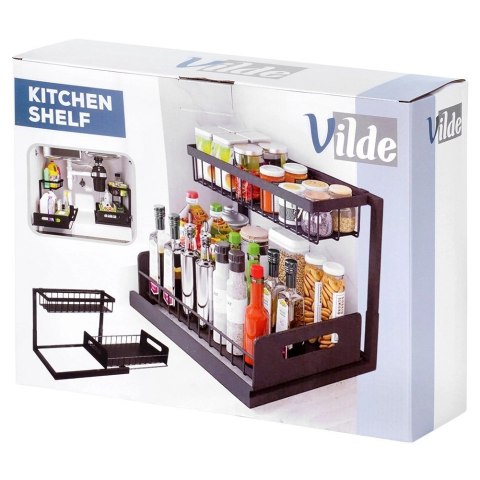 Półka kuchenna z wysuwaną szufladą dwupoziomowa metalowa czarna 36x27x28,5 cm