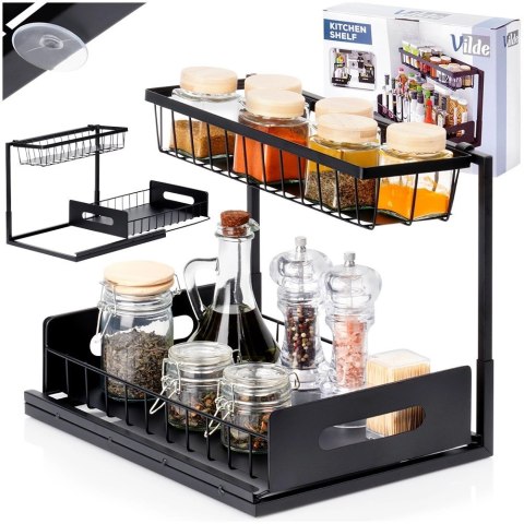 Półka kuchenna z wysuwaną szufladą dwupoziomowa metalowa czarna 36x27x28,5 cm