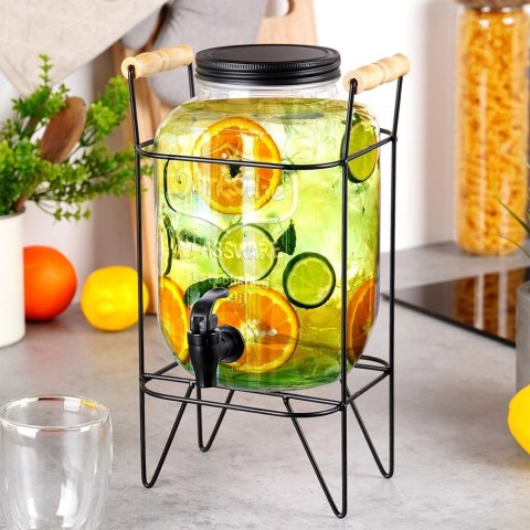 Słój Dozownik do Napojów z Kranikiem Czarnym Stojakiem Szklany VILDE 4,2 L