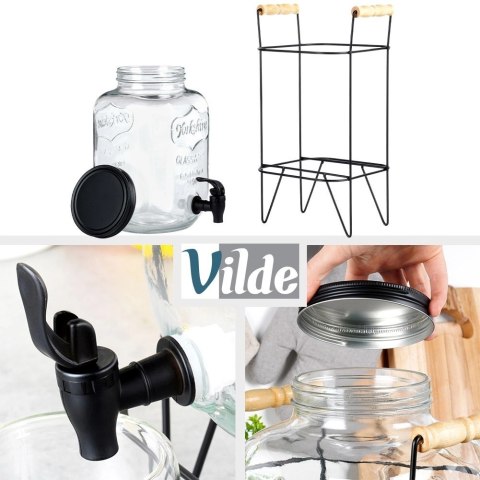 Słój Dozownik do Napojów z Kranikiem Czarnym Stojakiem Szklany VILDE 4,2 L