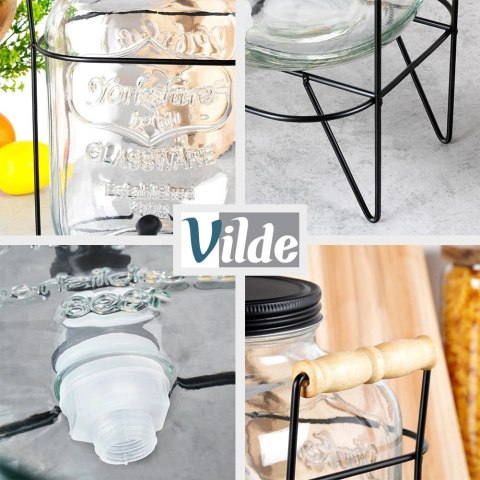 Słój Dozownik do Napojów z Kranikiem Czarnym Stojakiem Szklany VILDE 4,2 L