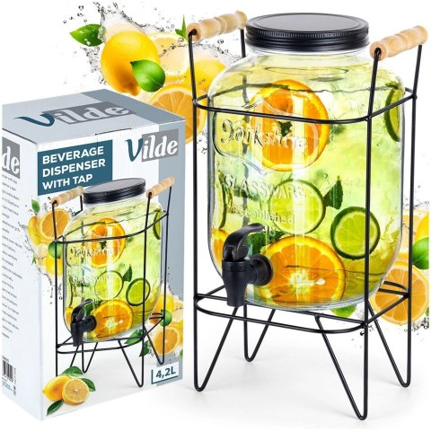 Słój Dozownik do Napojów z Kranikiem Czarnym Stojakiem Szklany VILDE 4,2 L