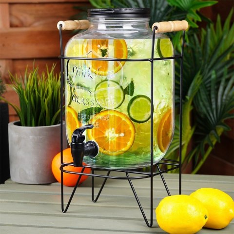 Słój Dozownik do Napojów z Kranikiem Czarnym Stojakiem Szklany VILDE 5,5 L