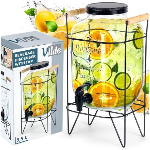 Słój Dozownik do Napojów z Kranikiem Czarnym Stojakiem Szklany VILDE 5,5 L