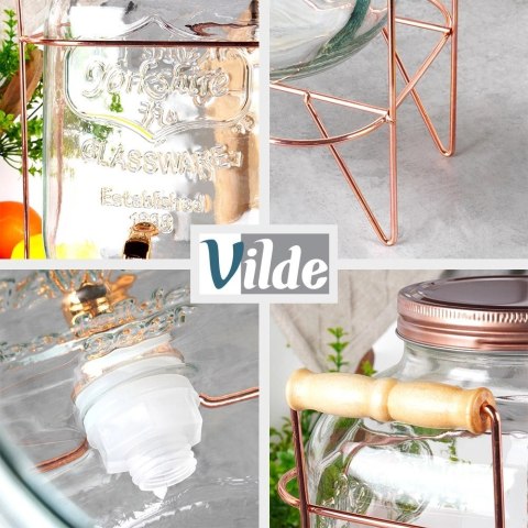 Słój Dozownik do Napojów z Kranikiem Złotym Stojakiem Szklany VILDE 4,2 L