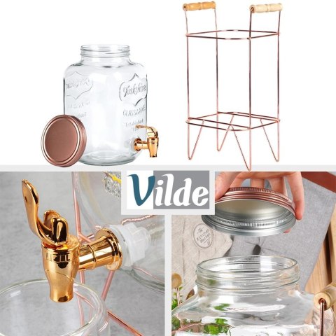 Słój Dozownik do Napojów z Kranikiem Złotym Stojakiem Szklany VILDE 5,5 L