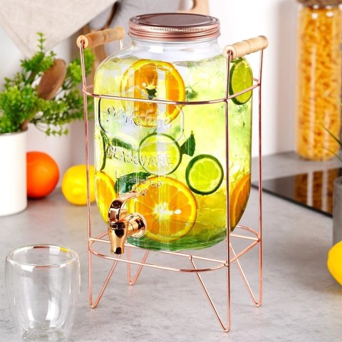 Słój Dozownik do Napojów z Kranikiem Złotym Stojakiem Szklany VILDE 5,5 L