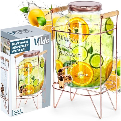 Słój Dozownik do Napojów z Kranikiem Złotym Stojakiem Szklany VILDE 5,5 L