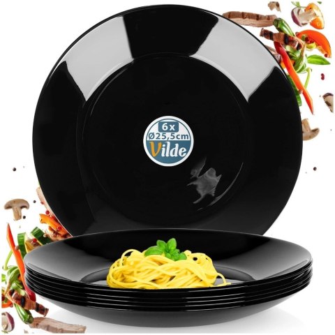 Talerze obiadowe płytkie szklane czarne 25,5 cm 6 szt.