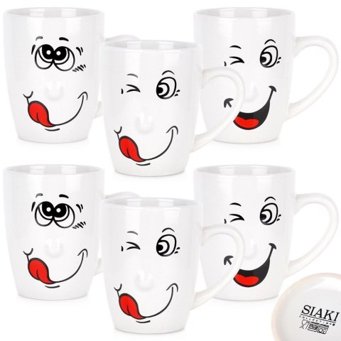 Zestaw Kubki Ceramiczne Białe Zabawne Buźki do Kawy Herbaty ORION 6 szt.
