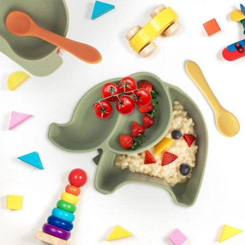 Talerz dla dziecka silikonowy dzielony zielony słonik 23,5x19x3,5 cm