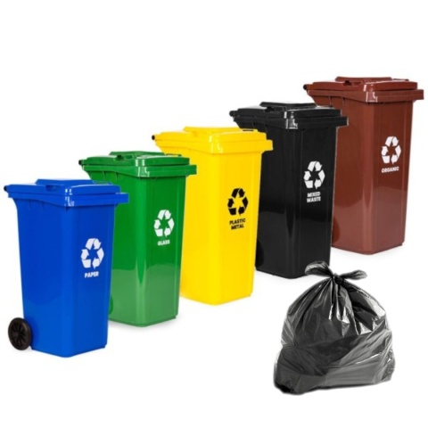 Zestaw 5 koszy na śmieci pojemniki 5x120L niebieski zielony żółty czarny brązowy makulatura szkło plastik odpady zmieszane BIO g