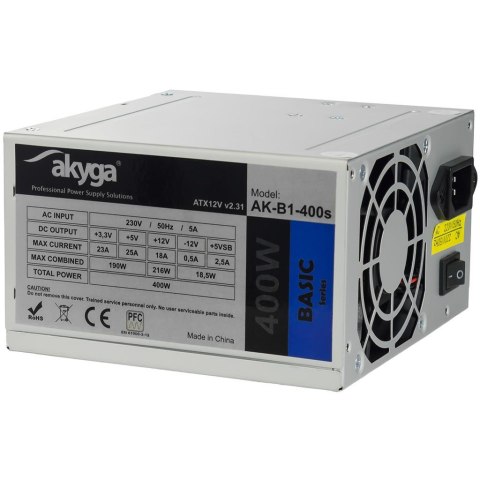 Zasilacz ATX 400W Akyga Basic AK-B1-400S Fan8cm P4 2xSATA Zasilacz ATX 400W Akyga Basic AK-B1-400S Fan8cm P4 2xSATA