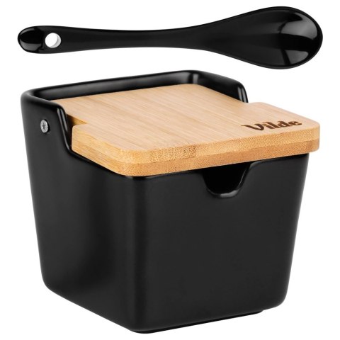 Cukierniczka Cukiernica Z Pokrywką Łyżeczką Ceramiczna Czarna VILDE 250 ml