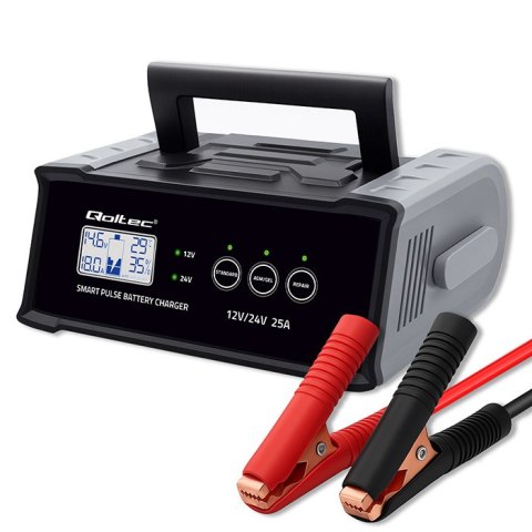 Qoltec Inteligentna mikroprocesorowa ładowarka 12V 24V 25A| Prostownik z funkcją naprawy do akumulatora AGM GEL STD | LCD