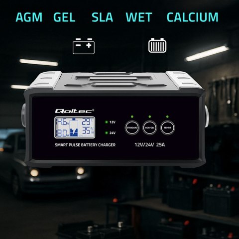 Qoltec Inteligentna mikroprocesorowa ładowarka 12V 24V 25A| Prostownik z funkcją naprawy do akumulatora AGM GEL STD | LCD