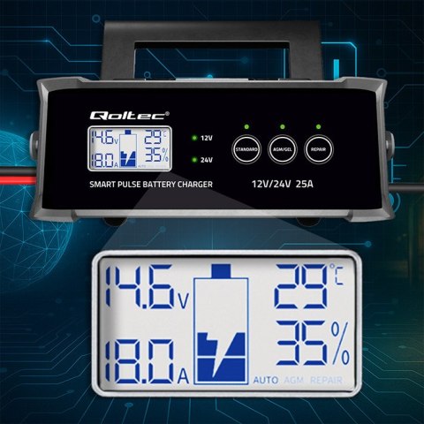 Qoltec Inteligentna mikroprocesorowa ładowarka 12V 24V 25A| Prostownik z funkcją naprawy do akumulatora AGM GEL STD | LCD