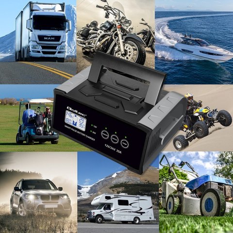 Qoltec Inteligentna mikroprocesorowa ładowarka 12V 24V 25A| Prostownik z funkcją naprawy do akumulatora AGM GEL STD | LCD