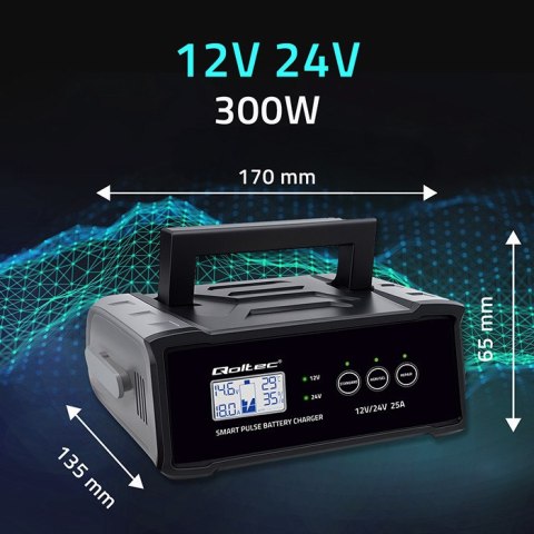 Qoltec Inteligentna mikroprocesorowa ładowarka 12V 24V 25A| Prostownik z funkcją naprawy do akumulatora AGM GEL STD | LCD