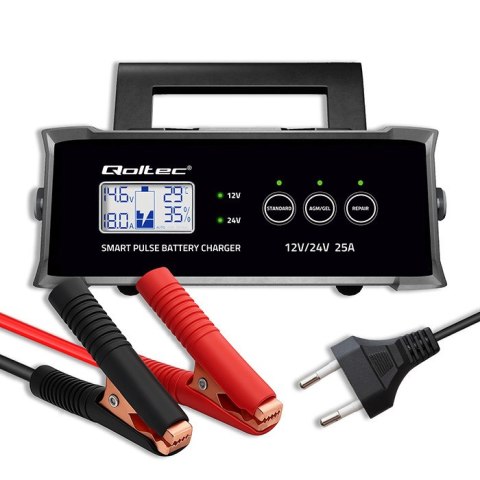 Qoltec Inteligentna mikroprocesorowa ładowarka 12V 24V 25A| Prostownik z funkcją naprawy do akumulatora AGM GEL STD | LCD