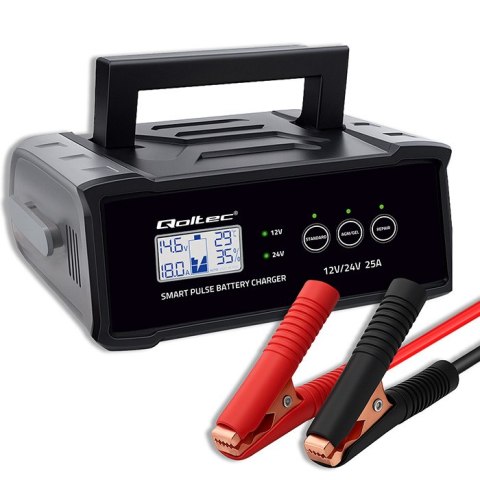 Qoltec Inteligentna mikroprocesorowa ładowarka 12V 24V 25A| Prostownik z funkcją naprawy do akumulatora AGM GEL STD | LCD
