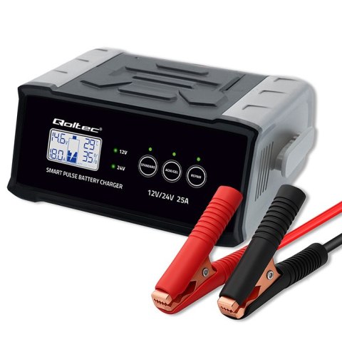 Qoltec Inteligentna mikroprocesorowa ładowarka 12V 24V 25A| Prostownik z funkcją naprawy do akumulatora AGM GEL STD | LCD