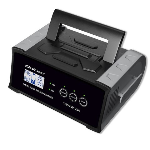 Qoltec Inteligentna mikroprocesorowa ładowarka 12V 24V 25A| Prostownik z funkcją naprawy do akumulatora AGM GEL STD | LCD