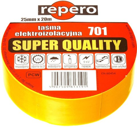 TAŚMA IZOLACYJNA REPERO 701 ŻÓŁTA 19MMX20M TAŚMA IZOLACYJNA REPERO 701 ŻÓŁTA 19MMX20M