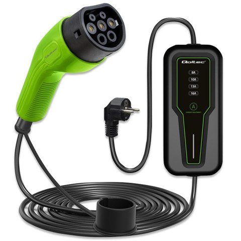 Qoltec Mobilna ładowarka do samochodu elektrycznego EV z regulacją 2w1 Typ2 | 3.5kW | 230V | LCD | Przenośna | 4m