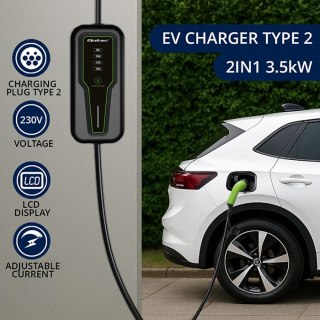Qoltec Mobilna ładowarka do samochodu elektrycznego EV z regulacją 2w1 Typ2 | 3.5kW | 230V | LCD | Przenośna | 4m