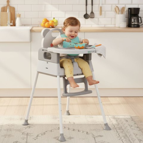 Fotelik krzesełko do karmienia dzieci 3w1 podwójna tacka 5-punktowe pasy szary ECOTOYS