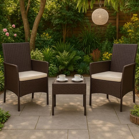 Zestaw mebli ogrodowych 2 fotele + stolik szkło hartowane brązowy MultiGarden