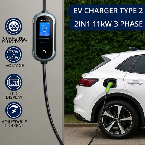 Qoltec Mobilna ładowarka do samochodu elektrycznego EV z regulacją 2w1 Typ2 | 11kW | 400V | Wi-fi | LCD | Przenośna | Wallbox | 