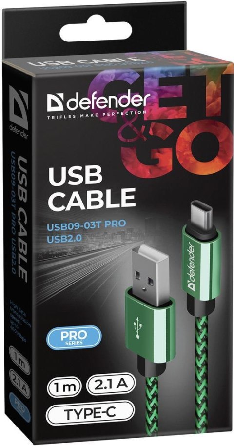 Kabel USB Defender AM-TYPE C 1m 2,1A zielono-czarny Kabel USB Defender AM-TYPE C 1m 2,1A zielono-czarny
