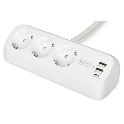 Listwa zasilająca biurkowa DIGITUS 3 gniazda Schuko, 2x USB-A (2x 12W), 1x USB-C (30W) z zaciskiem na blat, kabel 1,5m, biała