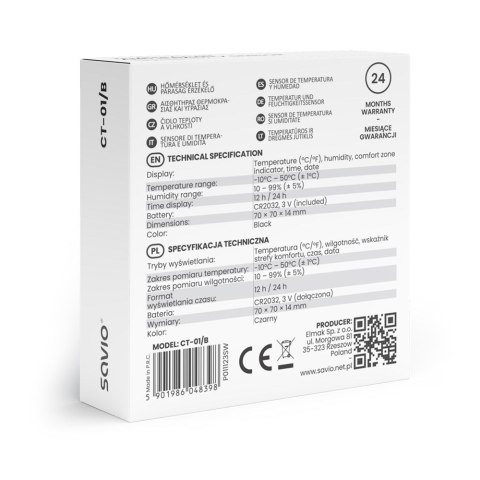 SAVIO STACJA POGODY BEZPRZEWODOWA, CZUJNIK TEMPERATURY I WILGOTNOŚCI, LCD, DO UŻYTKU WEWNĘTRZNEGO, UCHWYT MAGNES SAVCT-01/B