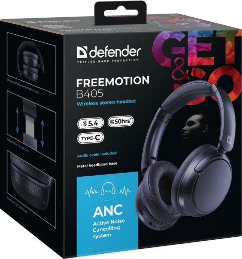 SŁUCHAWKI DEFENDER BLUETOOTH FREEMOTION B405 ANC CZARNE