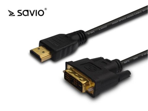 Kabel HDMI Savio CL-10 19pin męski - DVI-D 18+1 męski 1,5m, czarny, złote koń Kabel HDMI Savio CL-10 19pin męski - DVI-D 18+1 męski 1,5m, czarny, złote koń