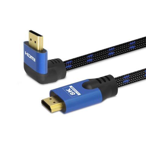 Kabel HDMI v2.1 Savio CL-147 1,8m, 8K, kątowy, OFC, niebiesko-czarny, złote końcówki Kabel HDMI v2.1 Savio CL-147 1,8m, 8K, kątowy, OFC, niebiesko-czarny, złote końcówki