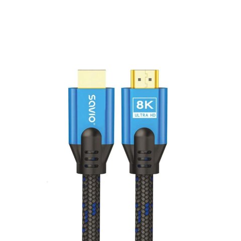Kabel HDMI v2.1 Savio CL-169 (M/M), 5m, 8K, miedź, niebiesko-czarny Kabel HDMI v2.1 Savio CL-169 (M/M), 5m, 8K, miedź, niebiesko-czarny