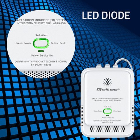 Qoltec Certyfikowany bezprzewodowy Czujnik tlenku węgla (czadu) | detektor CO | alarm 85dB | LED