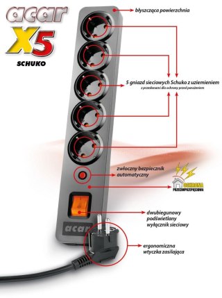 Listwa zasilająca Acar X5 Schuko 5,0m czarna