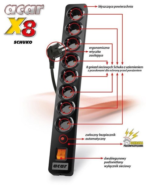 Listwa zasilająca Acar X8 Schuko 3,0m szara
