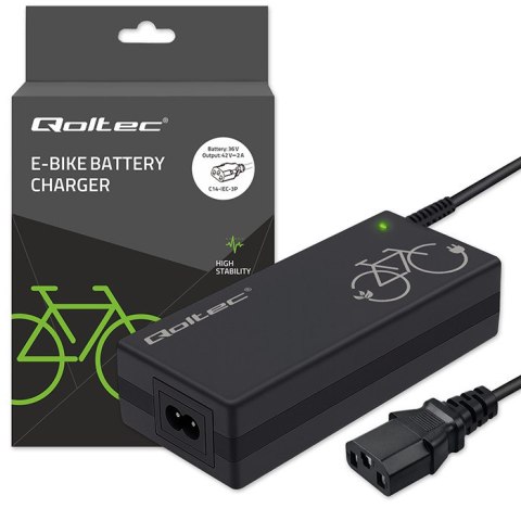 Qoltec Ładowarka do roweru elektrycznego 36V | 42V | 2A | 3P IEC 23mm | +kabel zasilający