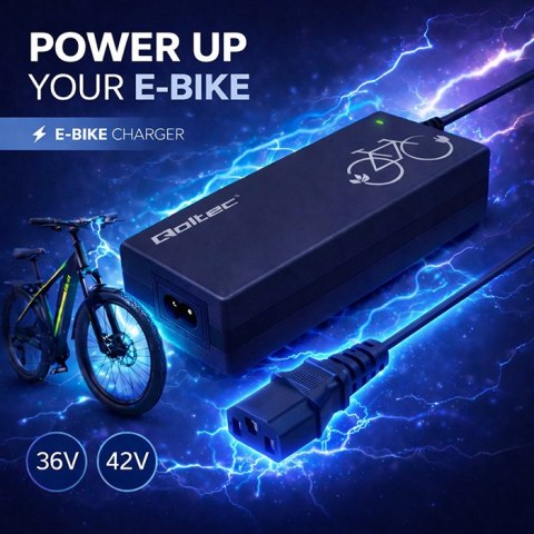 Qoltec Ładowarka do roweru elektrycznego 36V | 42V | 2A | 3P IEC 23mm | +kabel zasilający