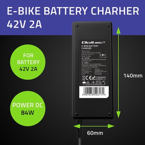 Qoltec Ładowarka do roweru elektrycznego 36V | 42V | 2A | 3P IEC 23mm | +kabel zasilający